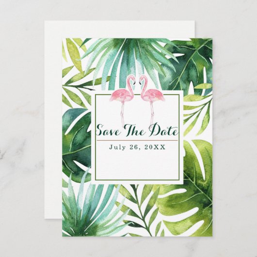 Tropische bladeren en gevlochten bruiloft sparen d aankondigingskaart (Voorkant / Achterkant)