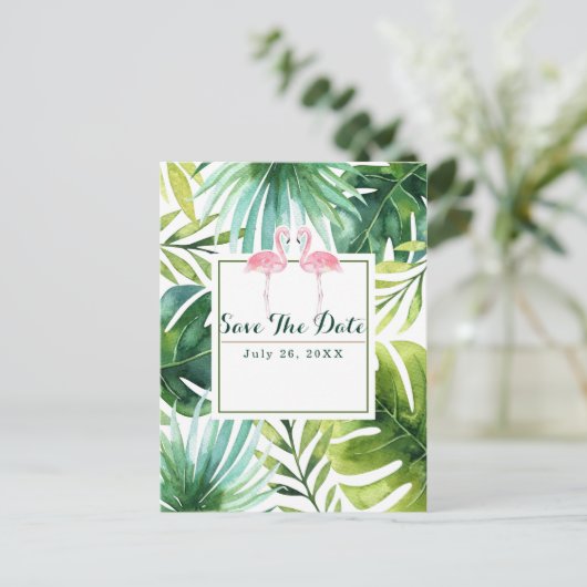 Tropische bladeren en gevlochten bruiloft sparen d aankondigingskaart (Staand voorkant)