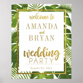 Tropische bladeren en gouden welkome trouwbord poster