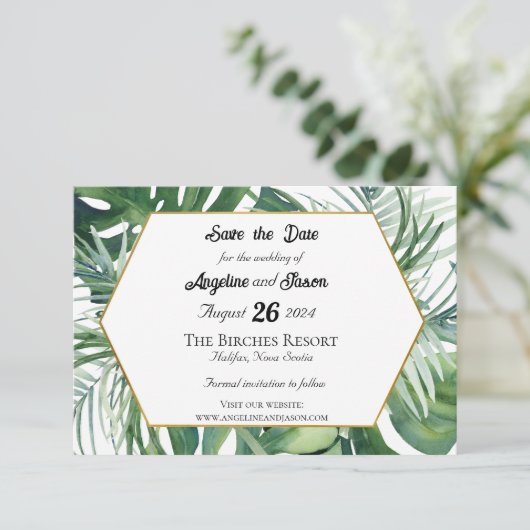 Tropische Bladeren en Groene Huwelijksaandenken Be Save The Date (Staand voorkant)