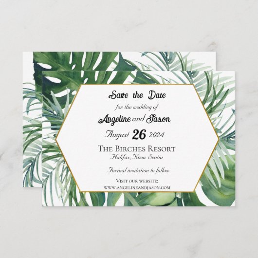 Tropische Bladeren en Groene Huwelijksaandenken Be Save The Date (Voorkant / Achterkant)