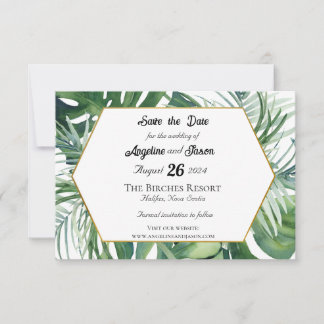 Tropische Bladeren en Groene Huwelijkskaart 'Save  Save The Date