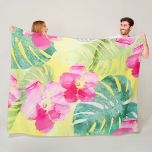Tropische Bladeren en Hibiscus Bloemen Aquarel Fleece Deken