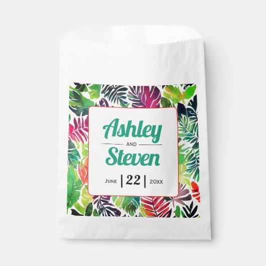 Tropische bladeren en namen maximalistische bruilo bedankzakje (Voorkant)