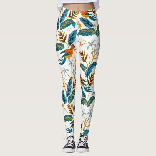 Tropische bladeren en vogels patroon leggings (Voorkant)
