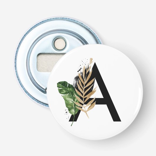 Tropische bladeren Faux Gold Foil Letter A Monogra Button Flesopener (Voorkant)