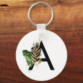 Tropische bladeren Faux Gold Foil Letter A Monogra Sleutelhanger (Voorkant)