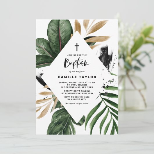 Tropische bladeren Faux Gold Foil Lijst Baptisme Kaart (Staand voorkant)