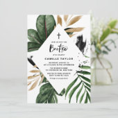 Tropische bladeren Faux Gold Foil Lijst Bautizo Kaart (Staand voorkant)