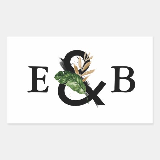 Tropische bladeren Faux Gold Foil Weddenemonogram Rechthoekige Sticker (Voorkant)