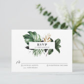 Tropische bladeren Faux Gold Foil Weddenschap RSVP (Staand voorkant)