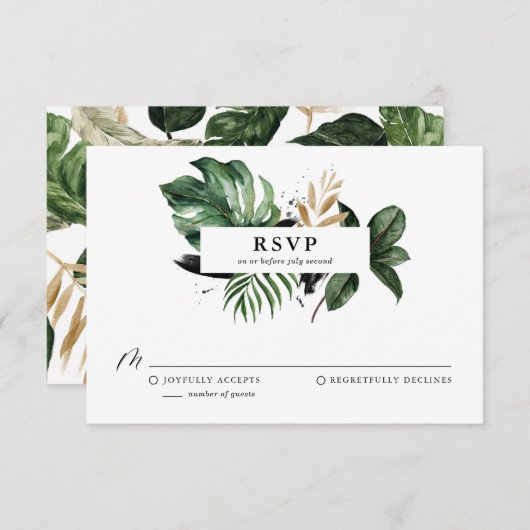 Tropische bladeren Faux Gold Foil Weddenschap RSVP (Voorkant / Achterkant)