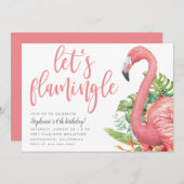 Tropische bladeren Flamingo Let's Flamingle Birthd Kaart (Voorkant / Achterkant)