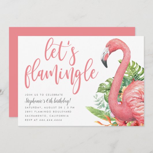 Tropische bladeren Flamingo Let's Flamingle Birthd Kaart (Voorkant / Achterkant)
