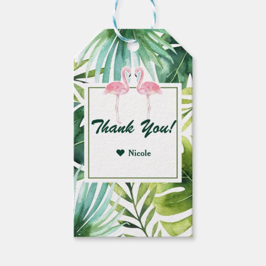 Tropische bladeren & flamingo's Hawaïaanse bruilof Cadeaulabel (Voorkant)