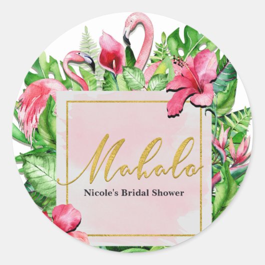 Tropische bladeren Flamingos Mahalo Bedankt feest Ronde Sticker (Voorkant)