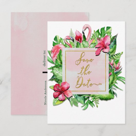 Tropische Bladeren Flamingo's Zomer Bewaar de Datu Aankondigingskaart (Voorkant / Achterkant)