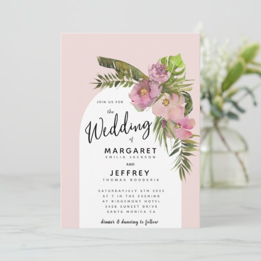 Tropische bladeren Floral Dusty Roos Paarse bruilo Kaart (Staand voorkant)