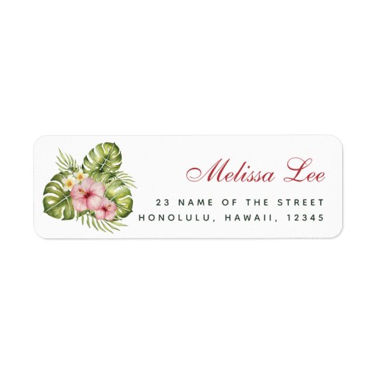 Tropische bladeren Floral Hawaiian Hibiscus Adres Etiket (Voorkant)