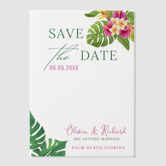 Tropische bladeren Floral Wedding Save the Date Vellum Uitnodigingen (Voorkant)