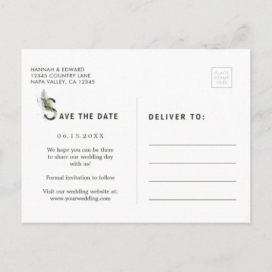 Tropische Bladeren Foto Trouwkaart Opslaan de Datu Aankondigingskaart (Achterkant)