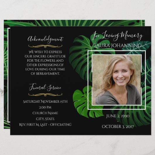 Tropische bladeren Fotobegrafenisprogramma (Voorkant / Achterkant)