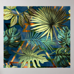 Tropische bladeren, geometrische vormen patroon poster
