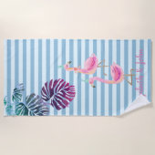 Tropische bladeren, gestreept, roze flamingos strandlaken (Voorkant)