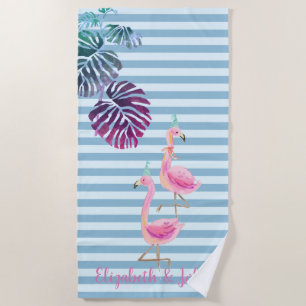 Tropische Bladeren,Gestreepte,Roze Flamingo's Strandlaken