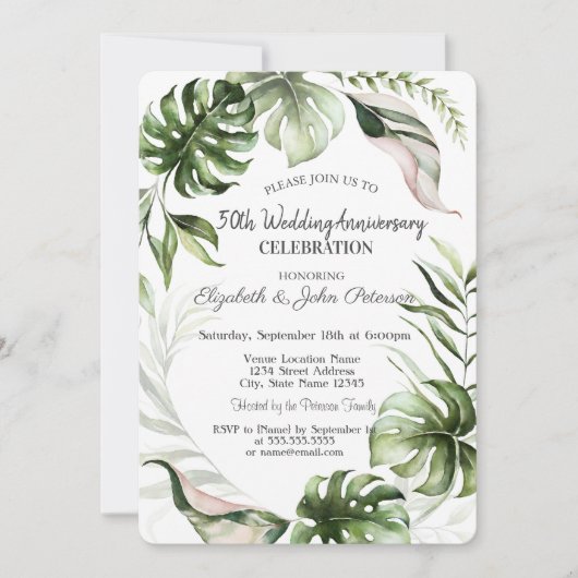 Tropische bladeren Glitter drijft Jubileum Kaart (Voorkant)