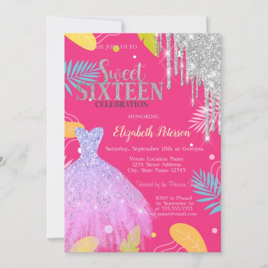 Tropische bladeren Glitter jurk roze zoet 16 Kaart (Voorkant)