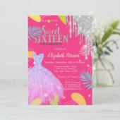 Tropische bladeren Glitter jurk roze zoet 16 Kaart (Staand voorkant)
