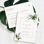 Tropische bladeren Gouden bruiloft Save the Date Aankondigingskaart<br><div class="desc">Deze bruiloft bewaar het date invitatie briefkaart beschikt over waterverf groen tropisch gebladerte,  monstera blad,  palmboombladeren,  bananenbladeren en faux gouden bladeren accenten. Het is perfect voor een strand of bestemming bruiloft. >>> Bekijk het hele collectie >>> https://www.zazzle.com/collections/tropical_foliage_gold_collection-119316977990783186</div>