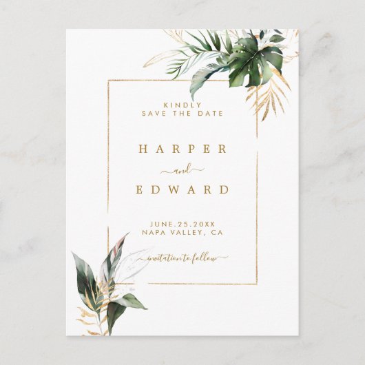 Tropische bladeren Gouden bruiloft Save the Date Aankondigingskaart (Voorkant)