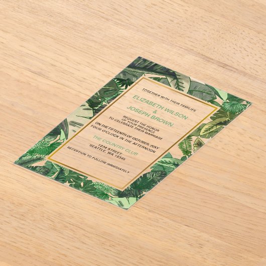 tropische bladeren gouden groene botanische bruilo acryl uitnodigingen (Laagn)