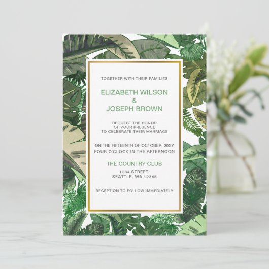 tropische bladeren gouden groene botanische bruilo kaart (Staand voorkant)