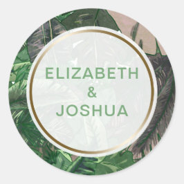 tropische bladeren gouden groene botanische bruilo ronde sticker