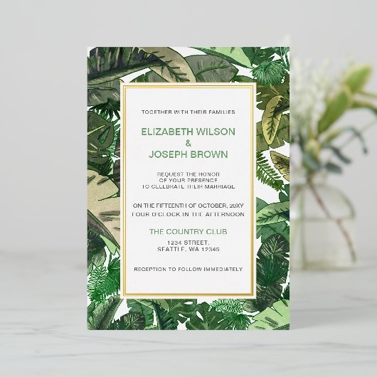 tropische bladeren goudgroen botanisch huwelijk i folie uitnodiging (Staand Voorkant)