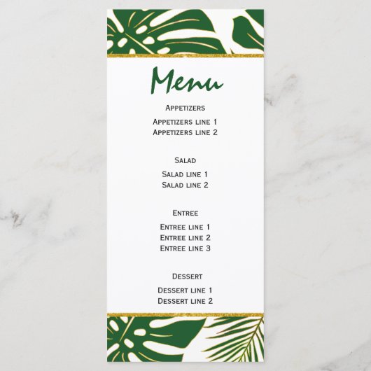Tropische bladeren groen en goud bruiloft menukaar menu (Achterkant)