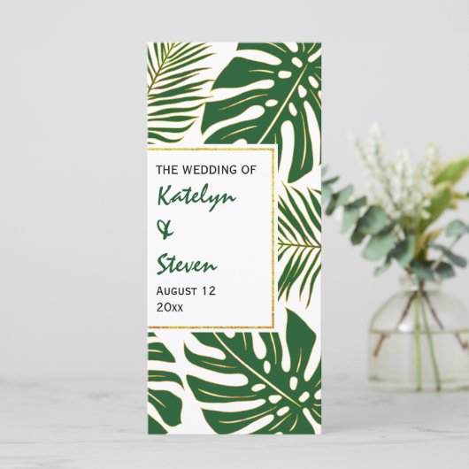 Tropische bladeren groen en goud bruiloft programm programmakaart (Staand voorkant)