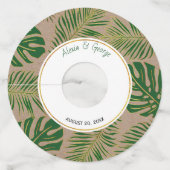 Tropische bladeren groen en goud rustieke bruiloft wijnglaslabel (Voorkant)