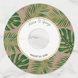 Tropische bladeren groen en goud rustieke bruiloft wijnglaslabel