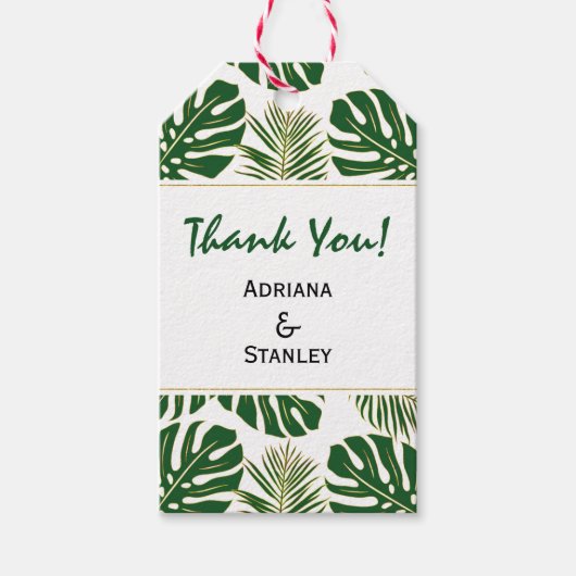 Tropische bladeren groen en gouden bruiloft Dank u Cadeaulabel (Voorkant)