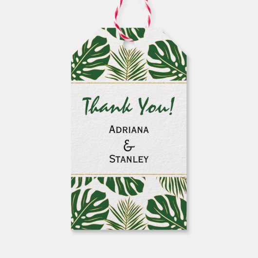 Tropische bladeren groen en gouden bruiloft Dank u Cadeaulabel (Achterkant)