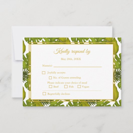 Tropische bladeren groen en gouden bruiloft RSVP kaartje (Voorkant)