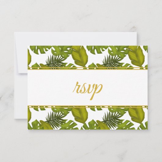 Tropische bladeren groen en gouden bruiloft RSVP kaartje (Achterkant)