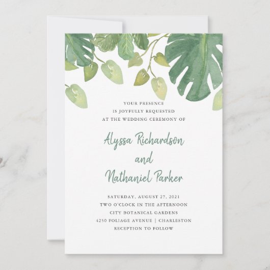 Tropische bladeren | Groen en wit huwelijk Kaart (Voorkant)