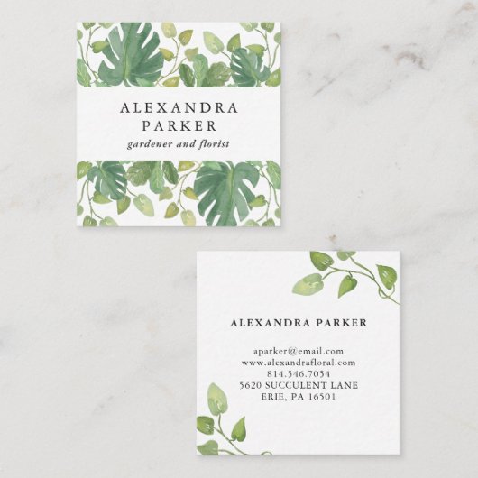 Tropische bladeren | Groen en wit Vierkante Visitekaartje (Voorkant / Achterkant)