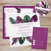 Tropische bladeren groen, wilde bessen roze bruilo kaart