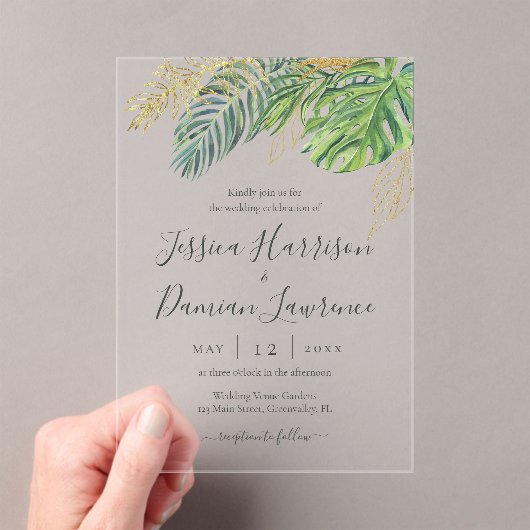Tropische bladeren Groene gouden olievlekken bruil Acryl Uitnodigingen (Insitu (Draagbaar))